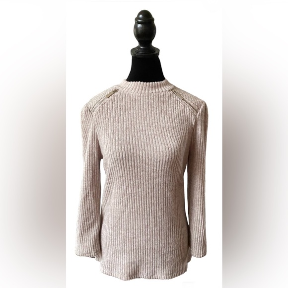 Olivia Blu Sweaters - Olivia Blu: Cream Tan Soft Sweater with Zippers at Collar